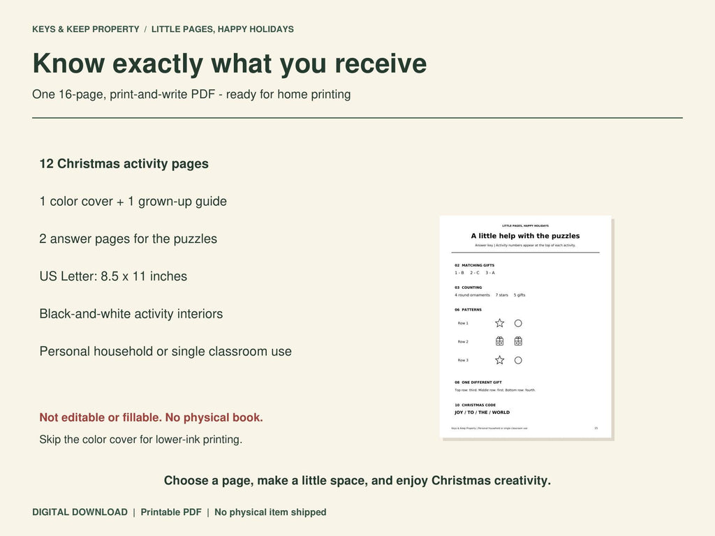 Christmas Little Busy Book contents and printing details beside a puzzle answer sheet preview.