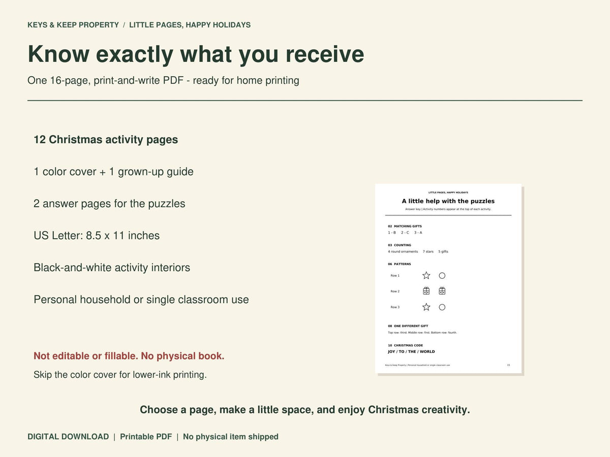 Christmas Little Busy Book contents and printing details beside a puzzle answer sheet preview.