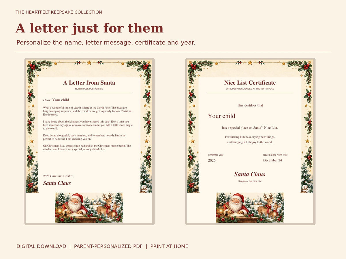 Letter from Santa Printable Kit | Editable PDF, Nice List and Certificate + Christmas Morning Extras | Classic Christmas