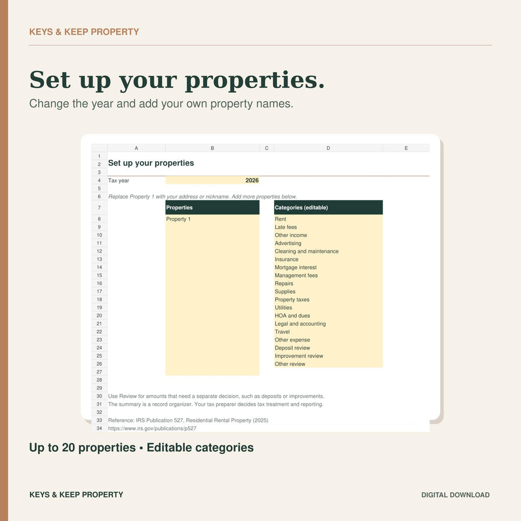 Rental Property Tax Organizer | Excel + Google Sheets Tracker for Expenses, Escrow & Tax Bill Increases