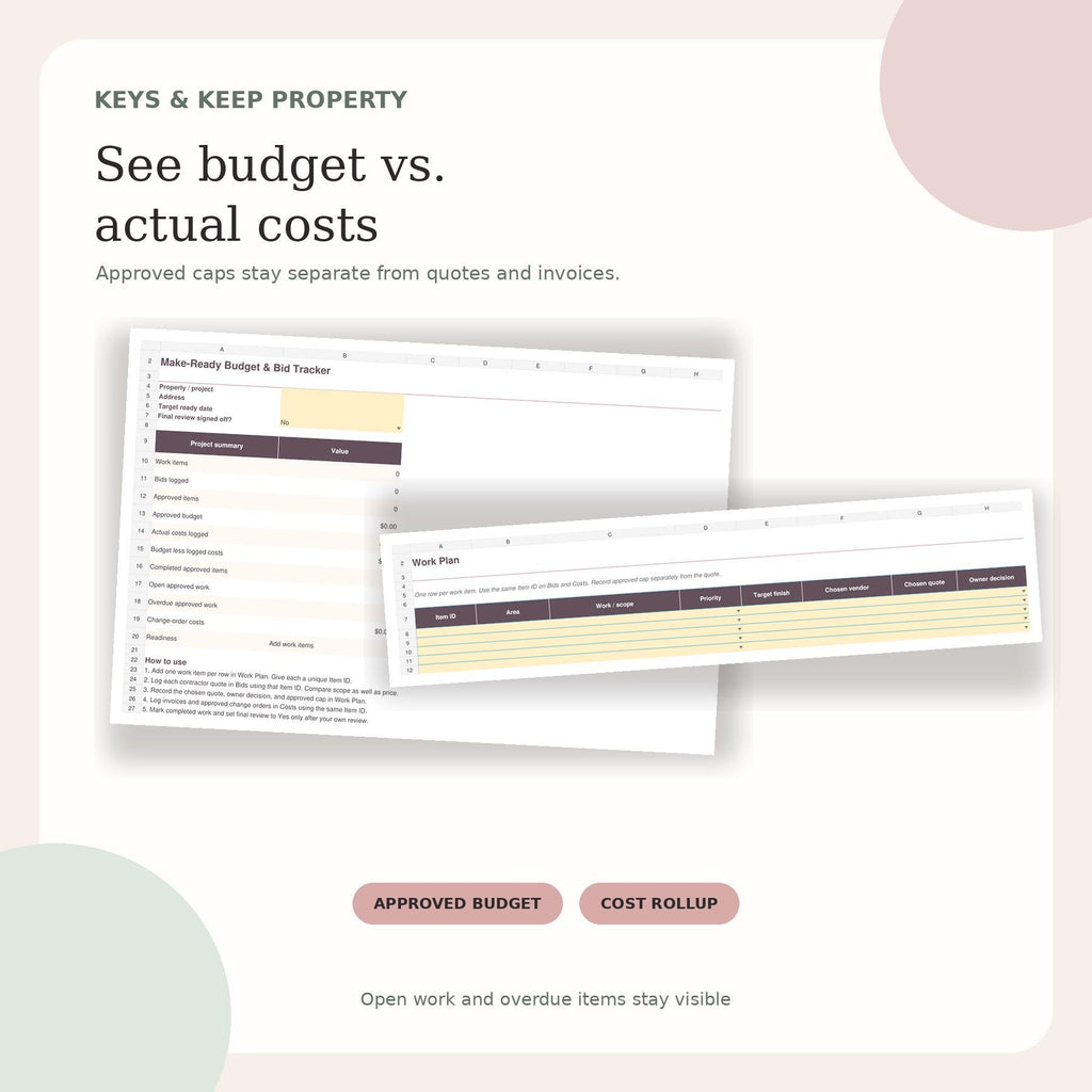 Rental Turnover Budget Spreadsheet | Excel + Google Sheets Make-Ready Kit, Contractor Bids and Vacancy Cost Calculator