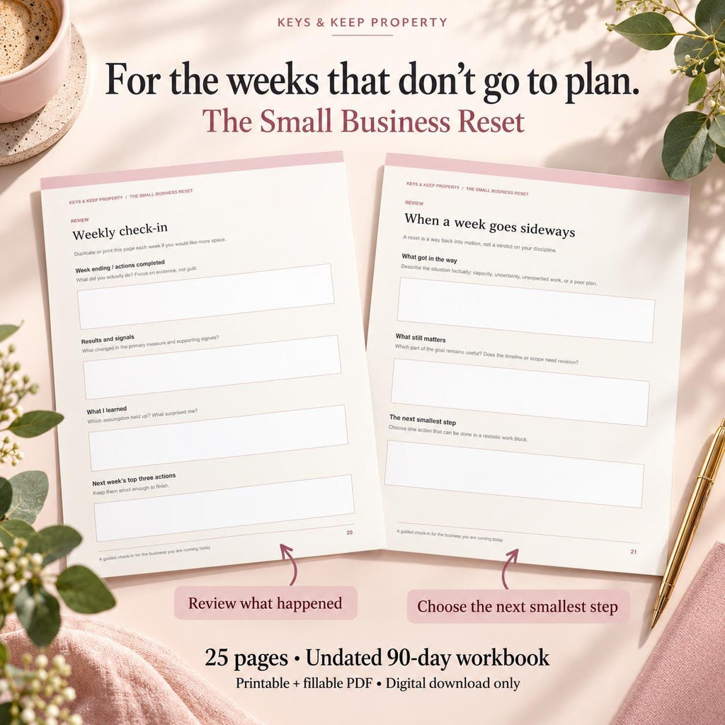 Small Business Reset Weekly check-in and When a week goes sideways pages on a pink surface with greenery and gold pen.