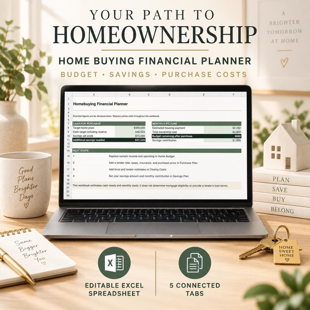 First-Time Home Buyer Budget Planner | Excel & Google Sheets | Closing Costs and Down Payment Savings Tracker