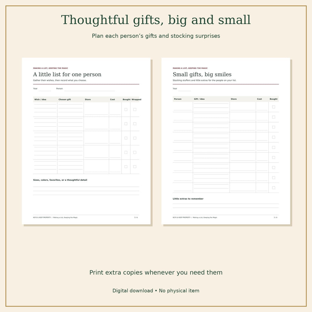 Christmas gift worksheets for one person’s wishes and chosen gifts beside a stocking-stuffer list.