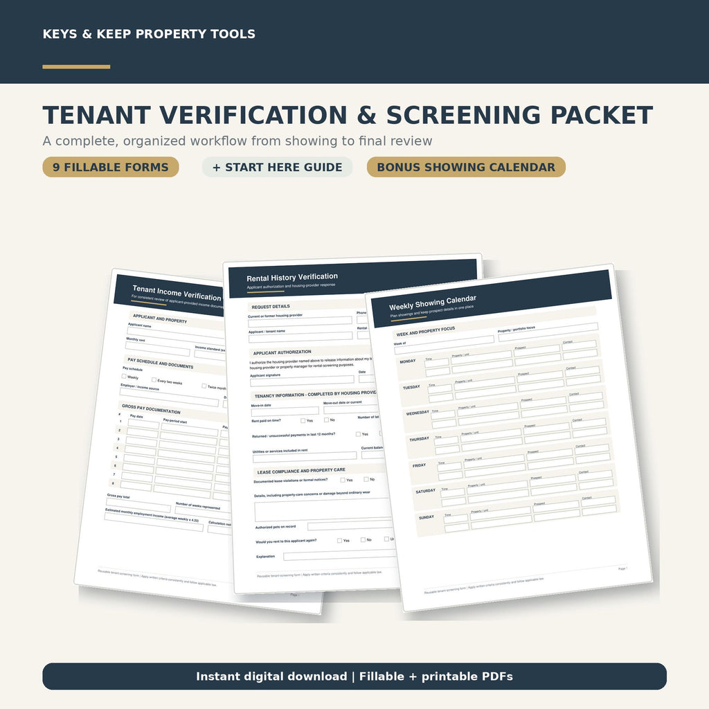 Tenant Screening Packet | 20-Page Fillable PDFs + Editable Word Applicant Handout