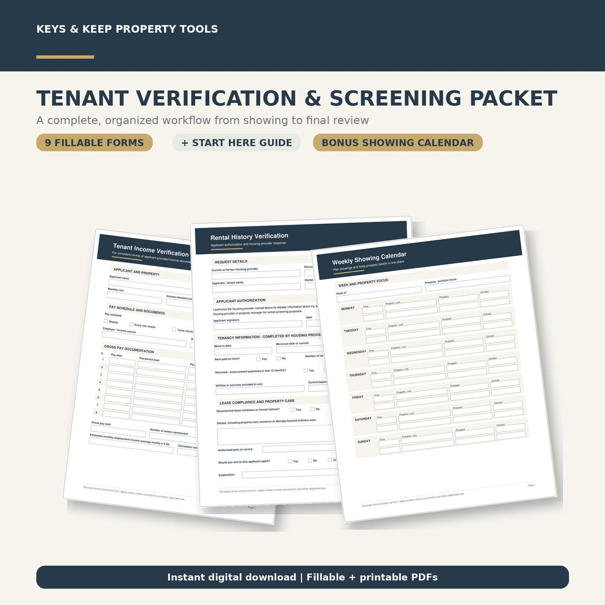 Tenant Screening Packet | 20-Page Fillable PDFs + Editable Word Applicant Handout