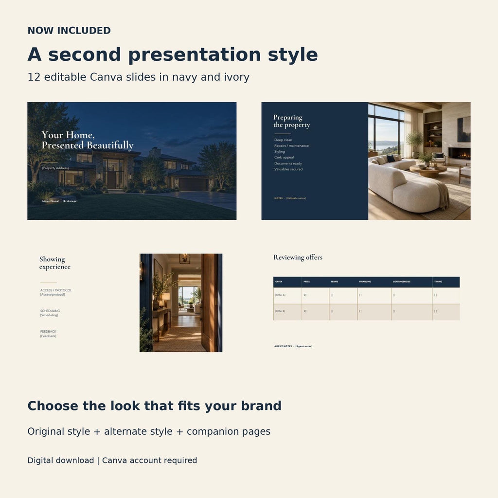 Real Estate Listing Presentation Canva Template, 2 Styles with Seller Forms & Property Sheet