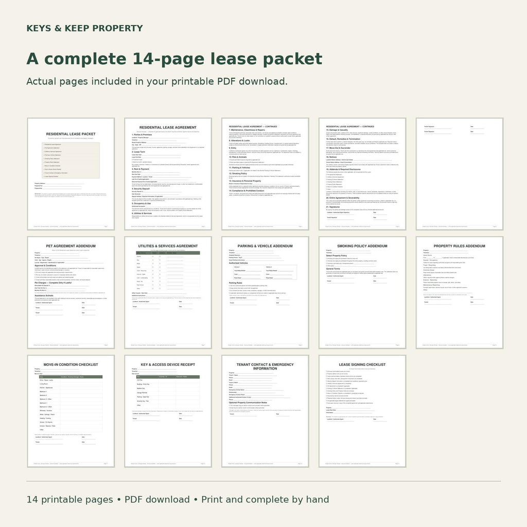 Grid overview of fourteen lease packet pages, including lease agreement, addenda, condition checklist, and signing records.