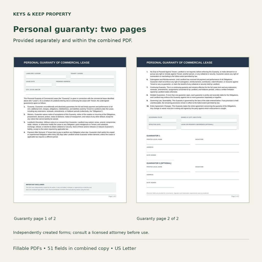 Commercial Lease Agreement + Personal Guaranty Bundle (Fillable PDF)