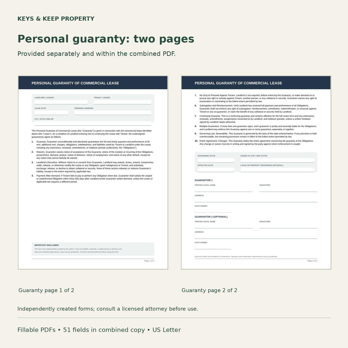 Commercial Lease Agreement + Personal Guaranty Bundle (Fillable PDF)