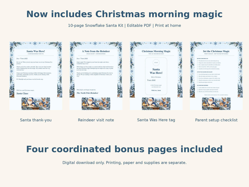 Four Blue Snowflake bonus page previews: Santa thank-you, reindeer visit note, Santa Was Here tag, and setup checklist.