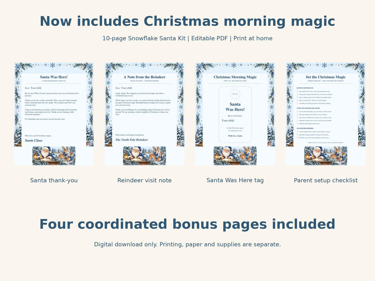 Four Blue Snowflake bonus page previews: Santa thank-you, reindeer visit note, Santa Was Here tag, and setup checklist.