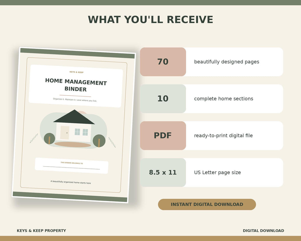 Home Management Binder | New Home Organizer, Maintenance and Household Records | 70-Page Printable PDF + Editable Word
