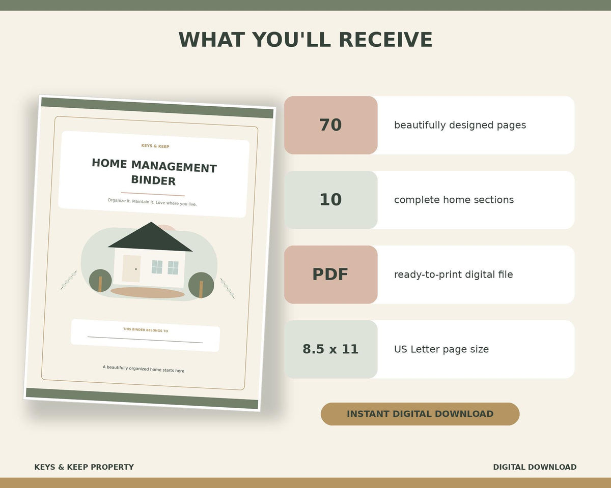 Home Management Binder | New Home Organizer, Maintenance and Household Records | 70-Page Printable PDF + Editable Word