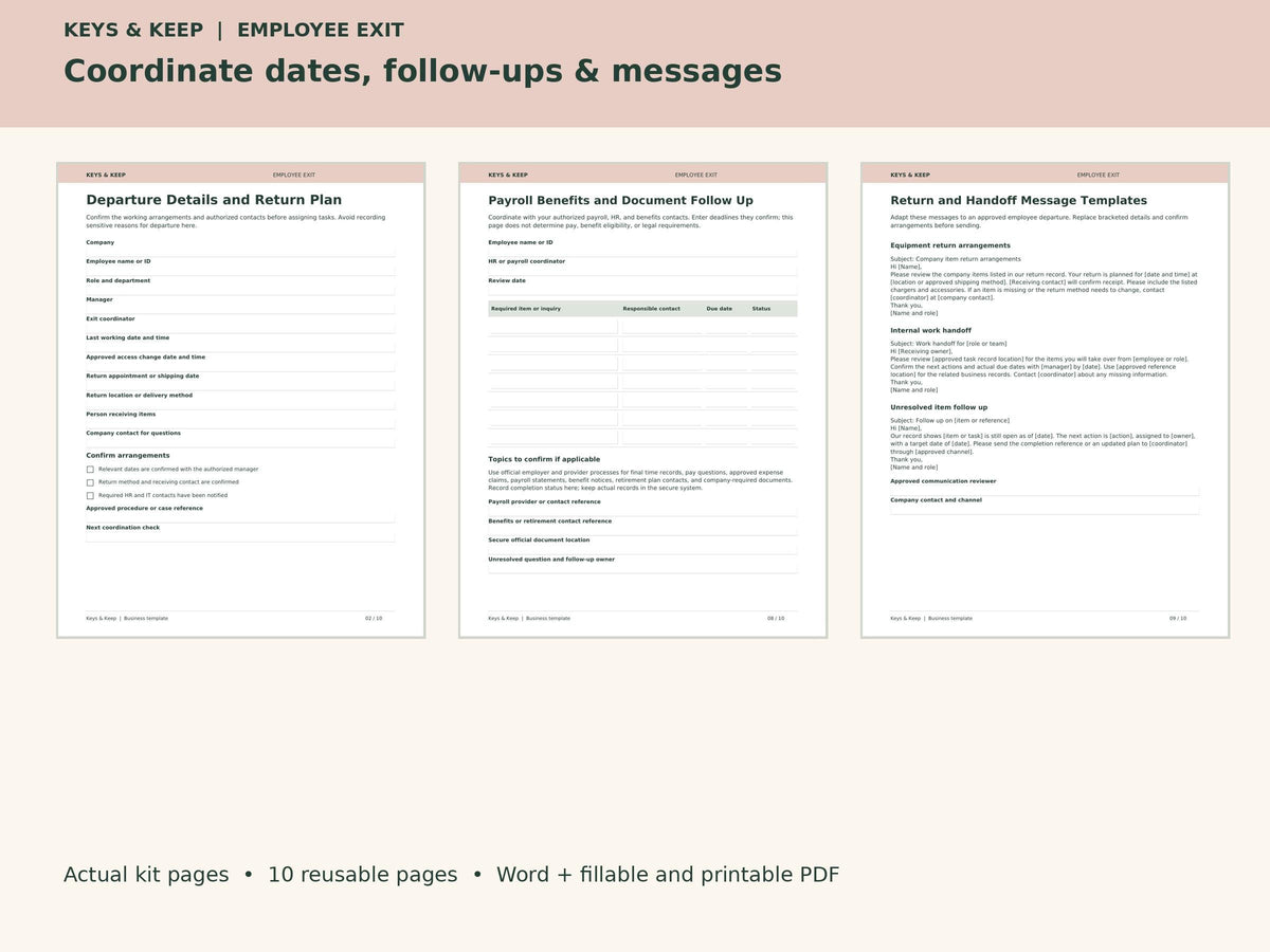 Employee Offboarding Checklist Kit | Equipment Return, Access and Work Handoff | Editable Word + Fillable PDF