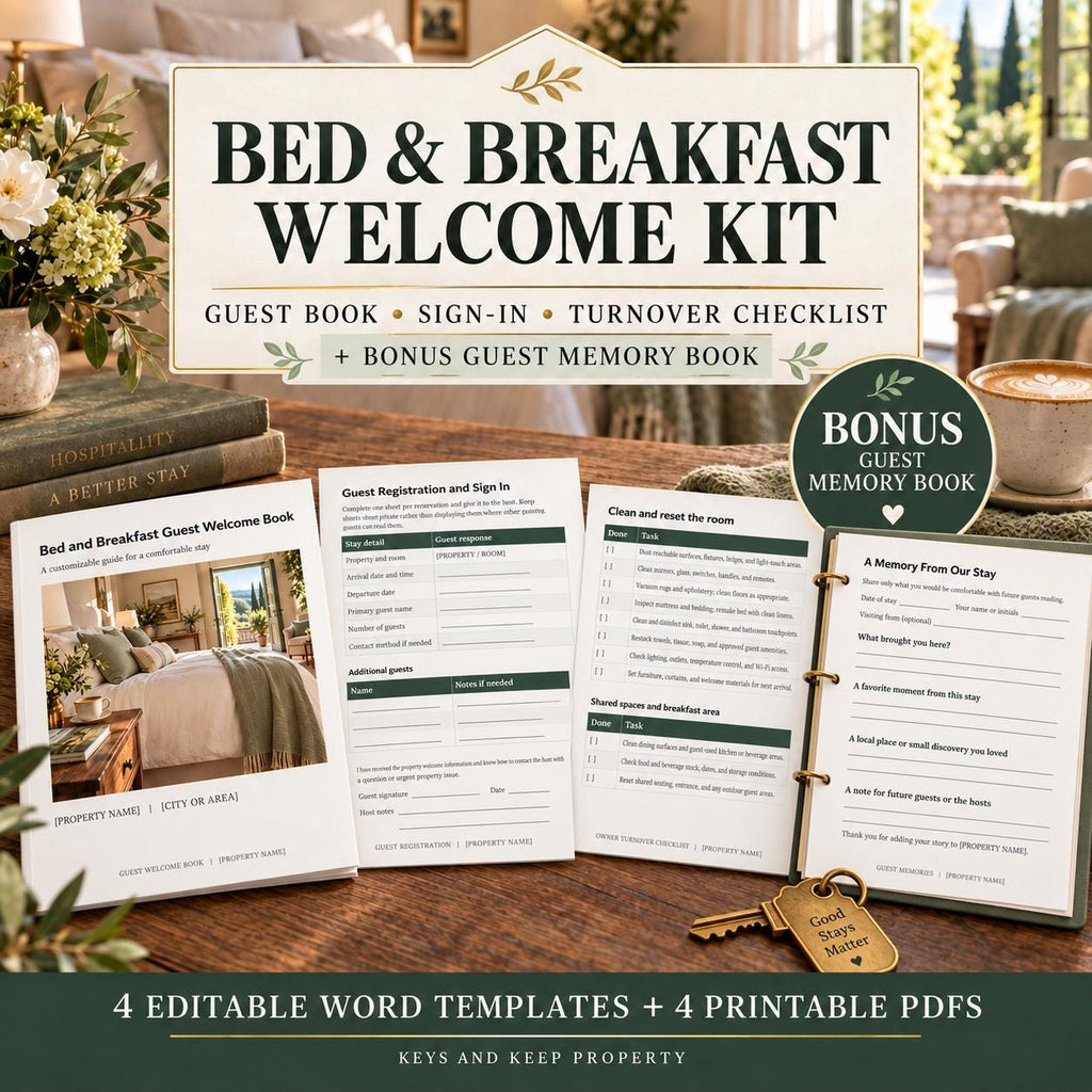 Bed and Breakfast Welcome Book Bundle | Editable Word Guest Guide & Turnover Checklists