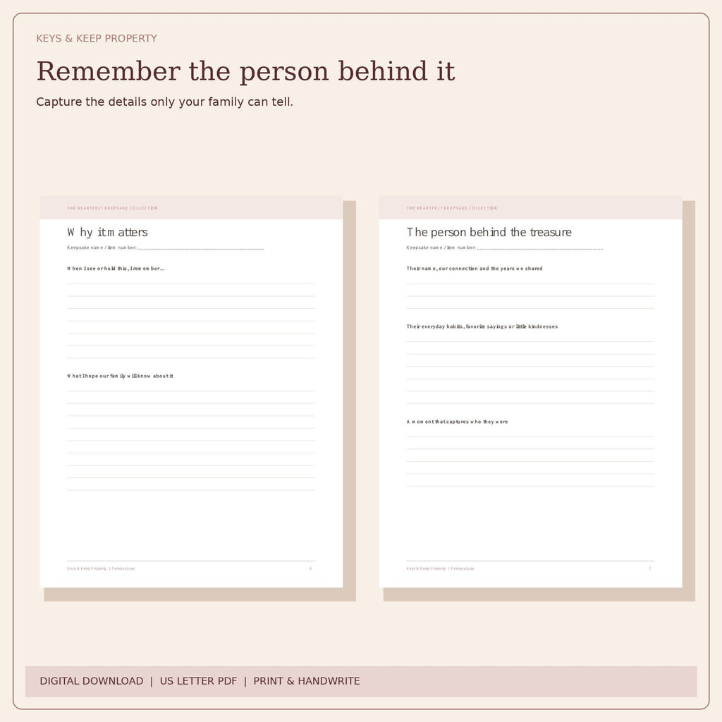 Family heirloom writing pages titled Why it matters and The person behind the treasure.