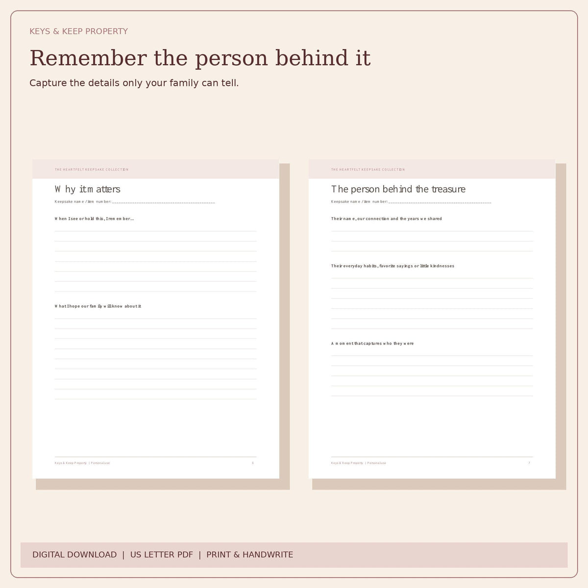 Family Keepsake Journal Printable | Heirloom Stories, Photos and Family Memories | 16-Page PDF