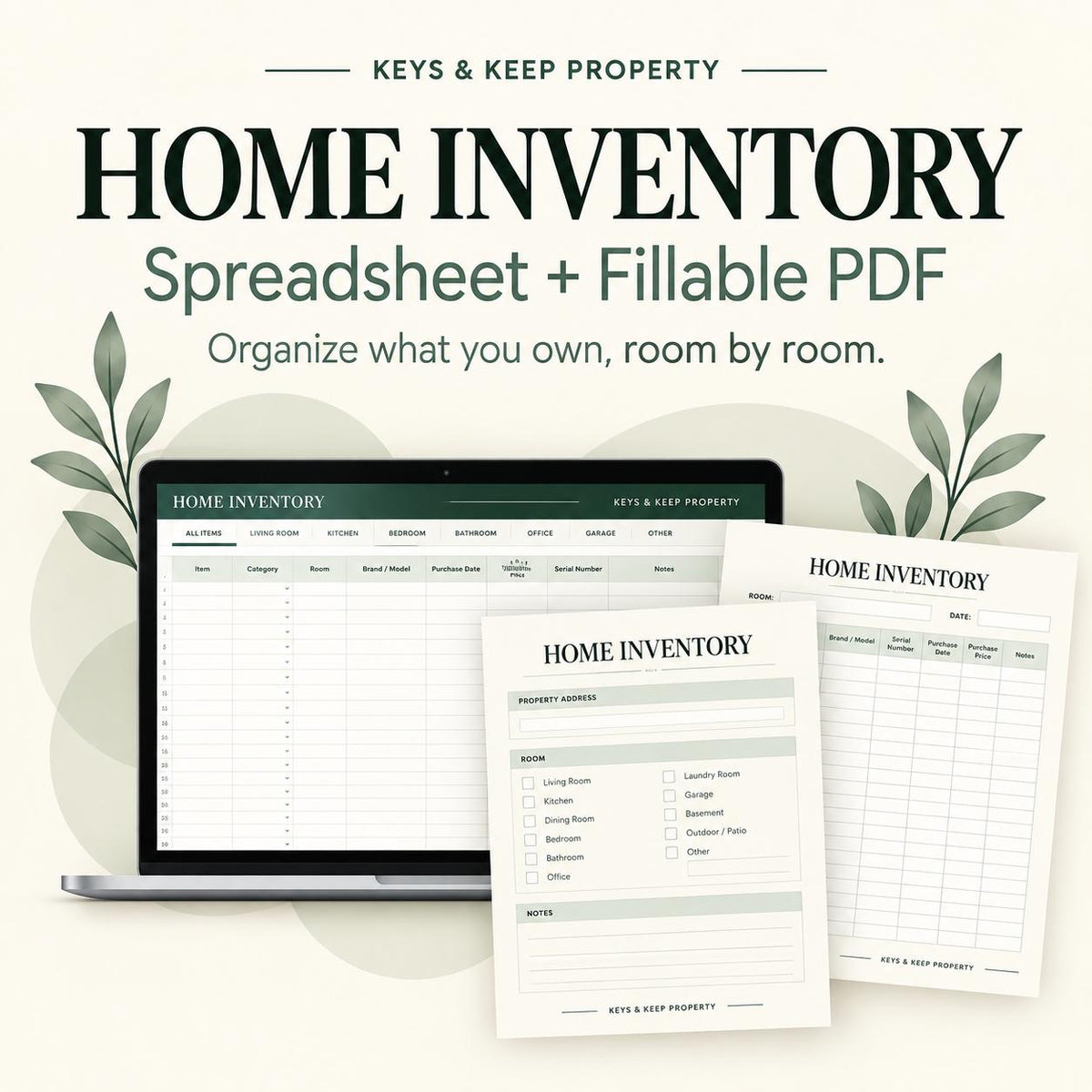 Home Inventory Spreadsheet | Excel + Google Sheets Household Tracker, Room-by-Room List & Important Records | Fillable PDF
