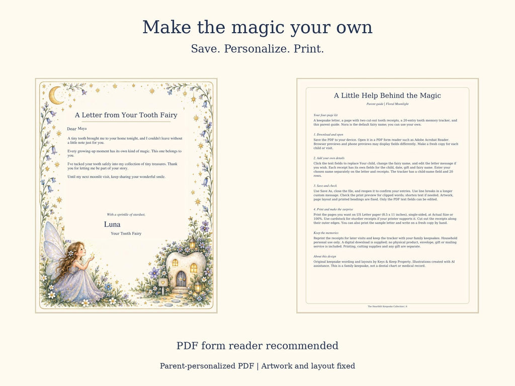 Tooth Fairy Letter and Receipt Printable | Editable PDF + Lost Tooth Tracker | Floral Moonlight
