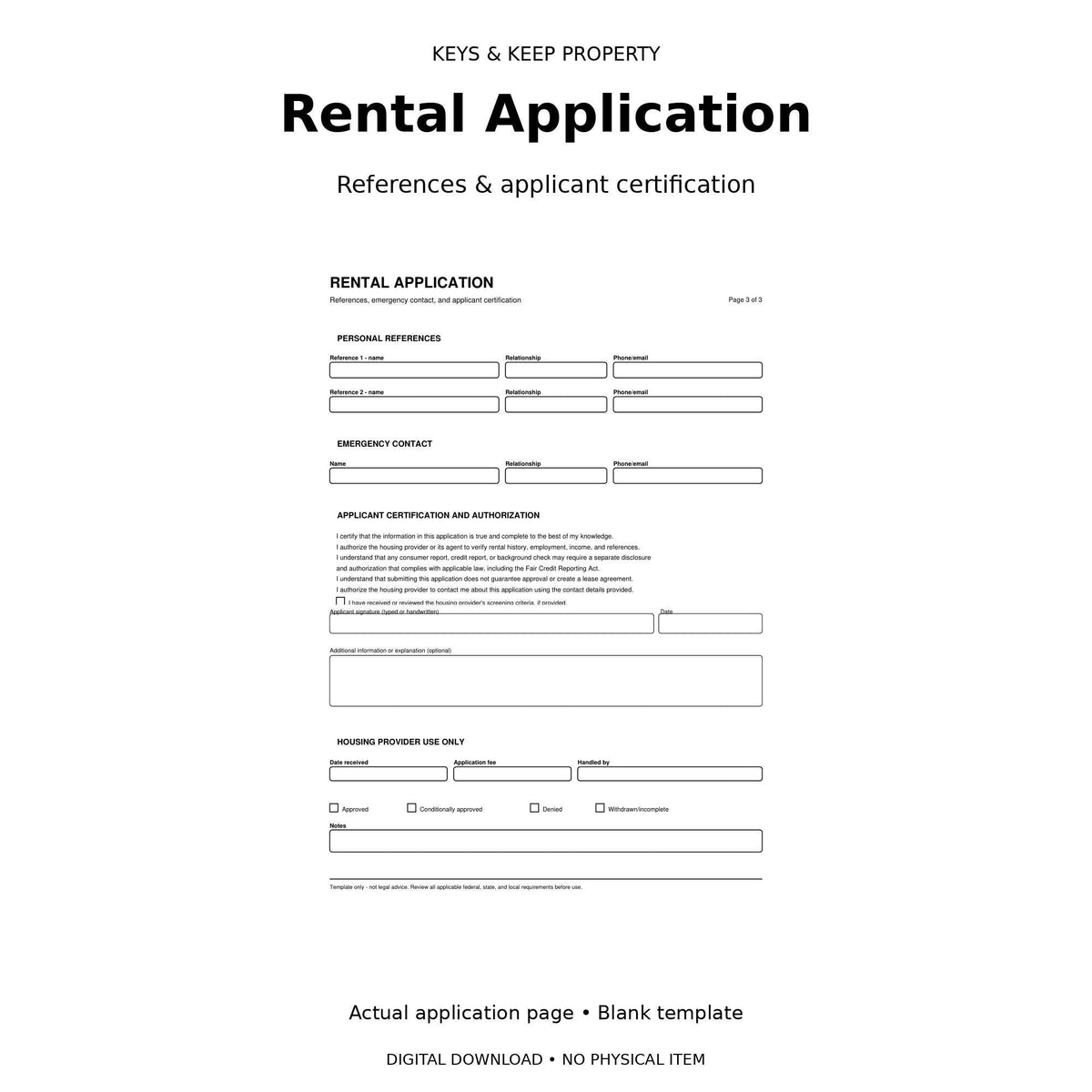 Rental Application Form | Black and White Printable & Fillable PDF | Simple 3-Page Landlord Template
