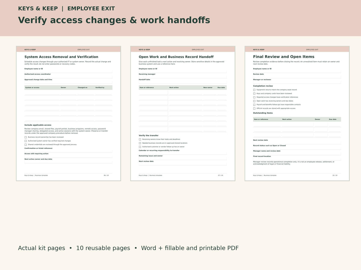 Employee Offboarding Checklist Kit | Equipment Return, Access and Work Handoff | Editable Word + Fillable PDF