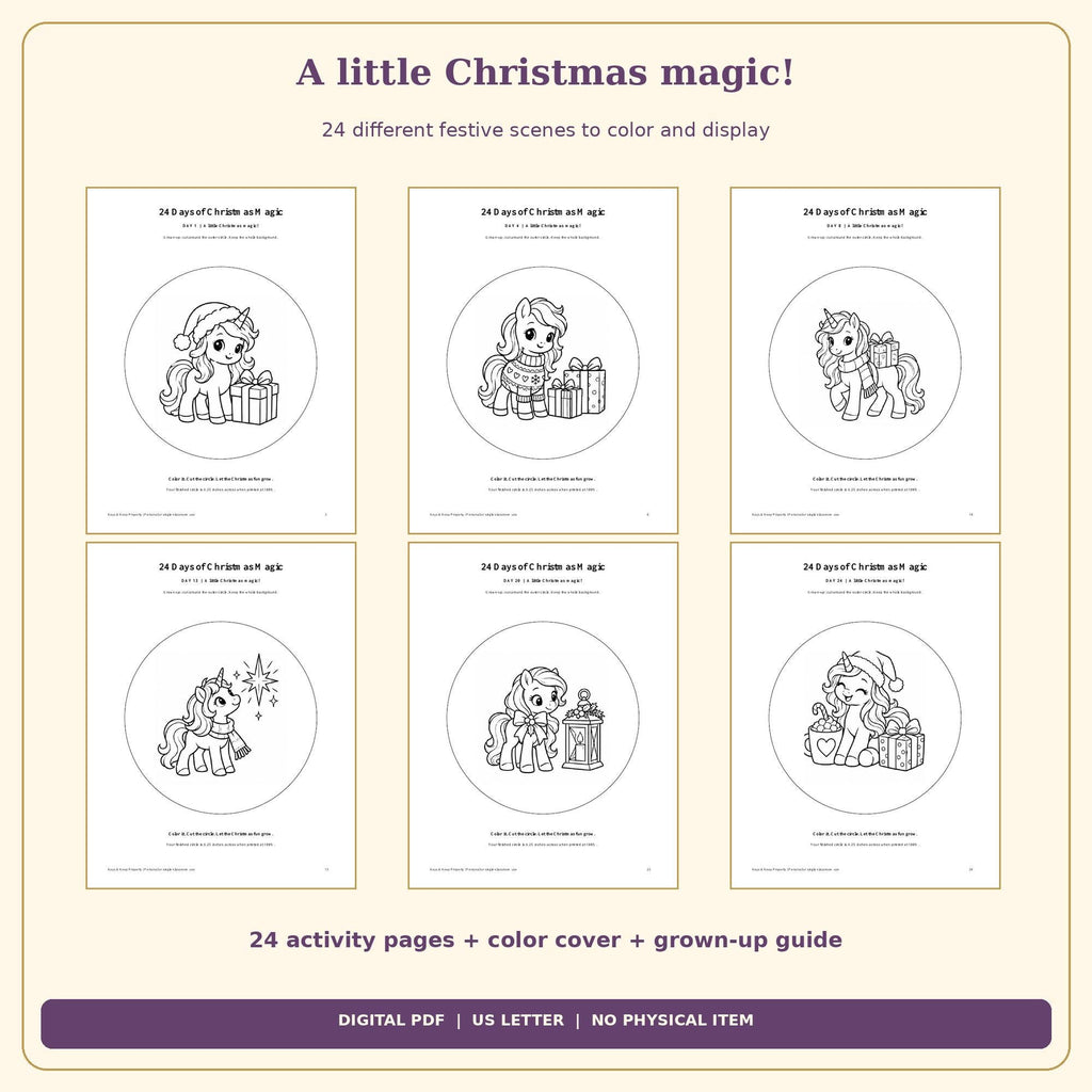 Unicorn Christmas Countdown Printable | 24 Color and Hang Scenes, Easy Cut Circles | 26-Page PDF