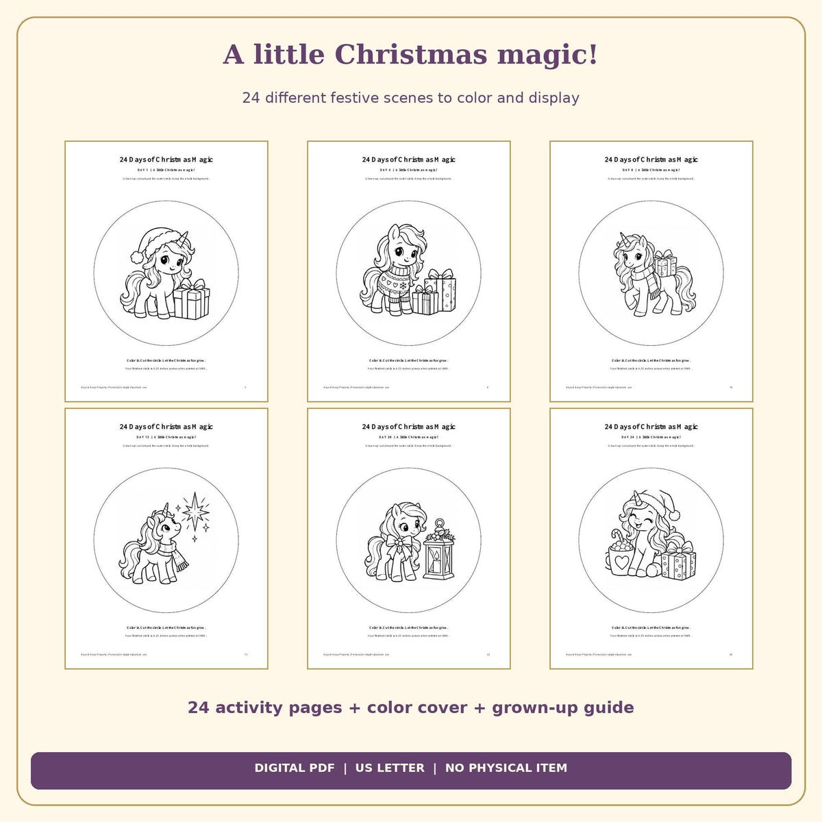 Unicorn Christmas Countdown Printable | 24 Color and Hang Scenes, Easy Cut Circles | 26-Page PDF