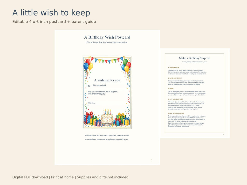 Birthday Letter Printable Kit | Editable PDF, Certificate, Door Hanger and Postcard | Classic Celebration