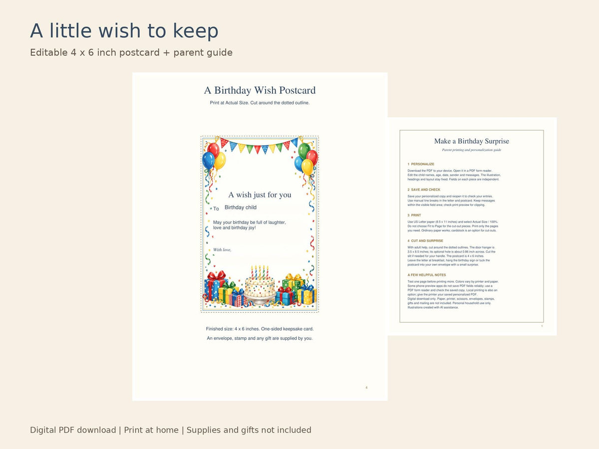 Birthday Letter Printable Kit | Editable PDF, Certificate, Door Hanger and Postcard | Classic Celebration