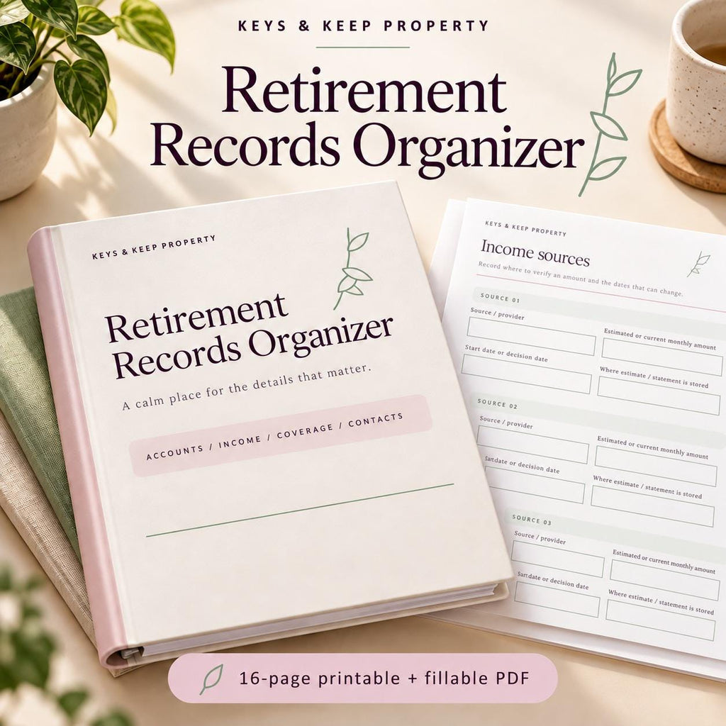 Retirement Records Organizer | 16-Page Fillable & Printable PDF, Accounts and Documents