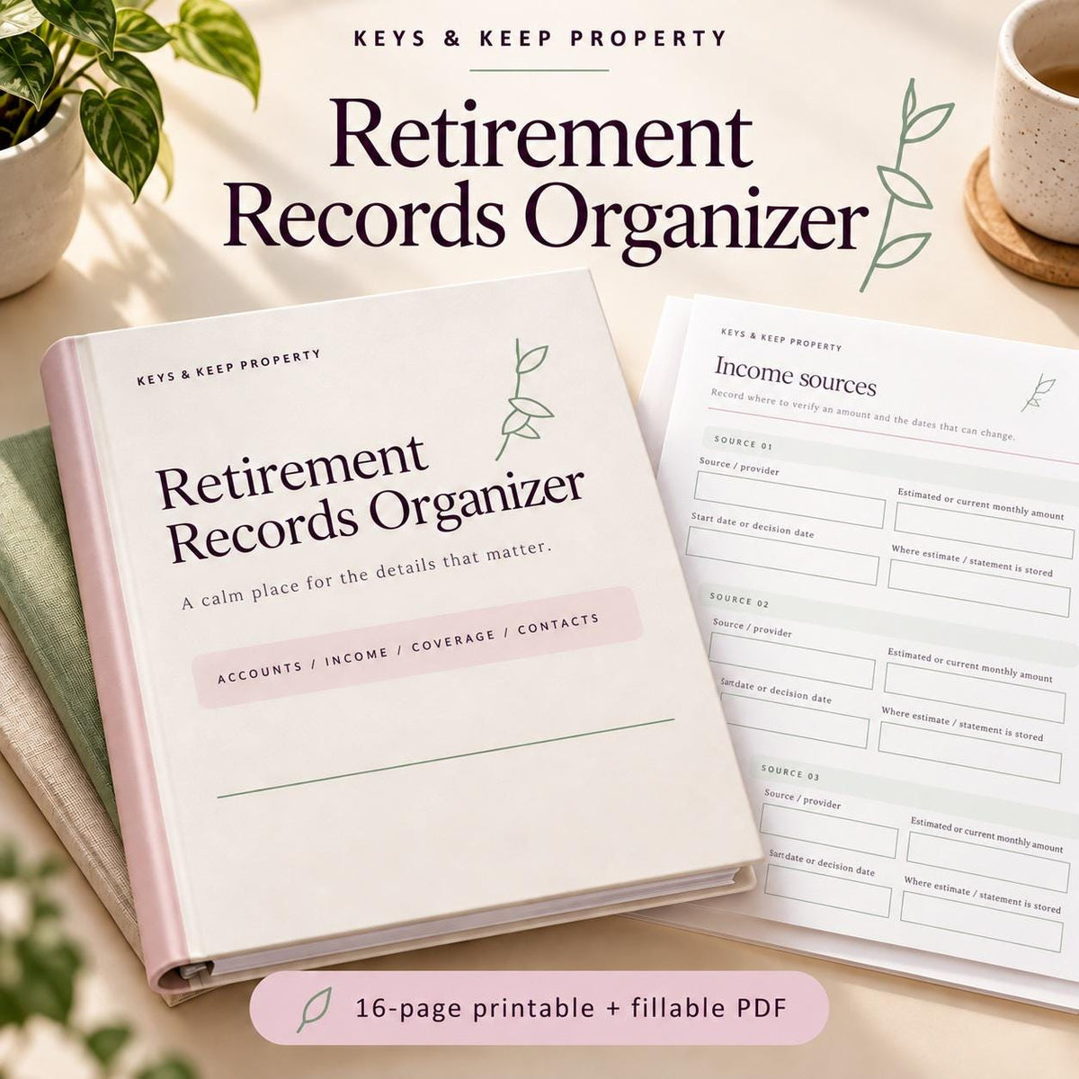 Retirement Records Organizer | 16-Page Fillable & Printable PDF, Accounts and Documents