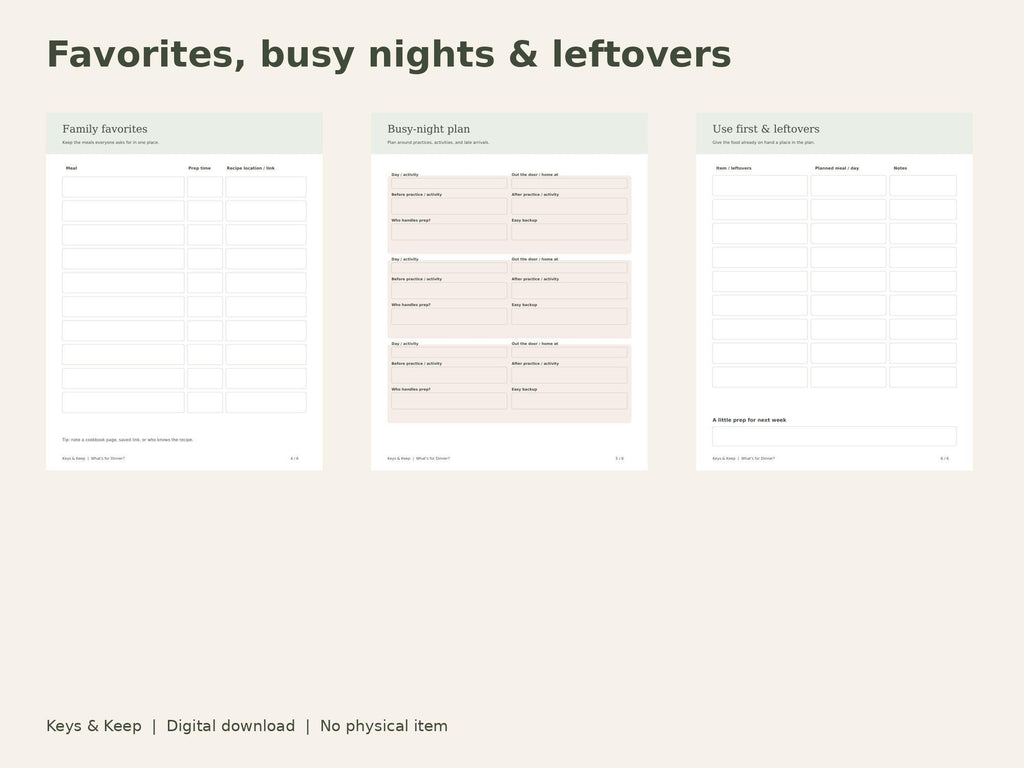 Family Meal Planner | Weekly Dinner Plan, Grocery List and Busy-Night Meals | 6-Page Printable + Fillable PDF