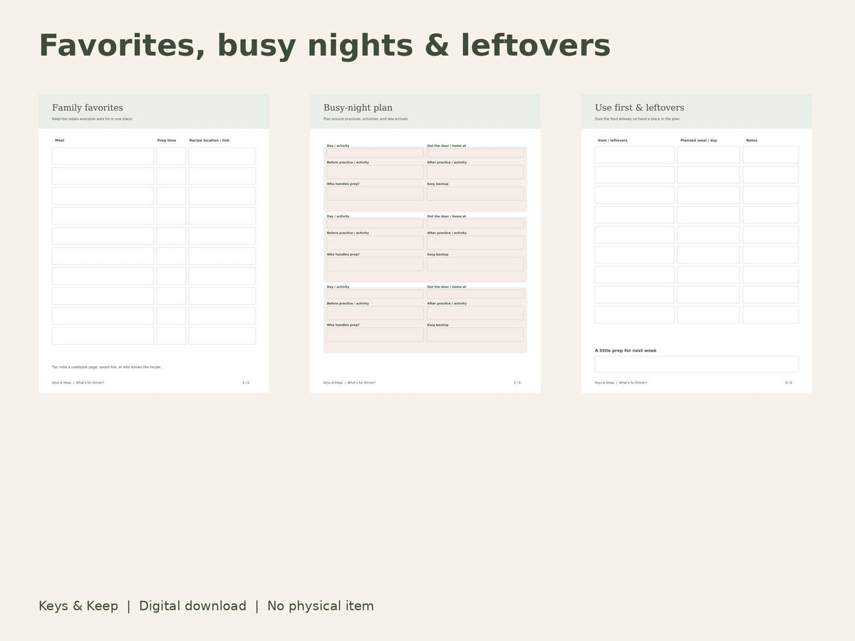 Family Meal Planner | Weekly Dinner Plan, Grocery List and Busy-Night Meals | 6-Page Printable + Fillable PDF