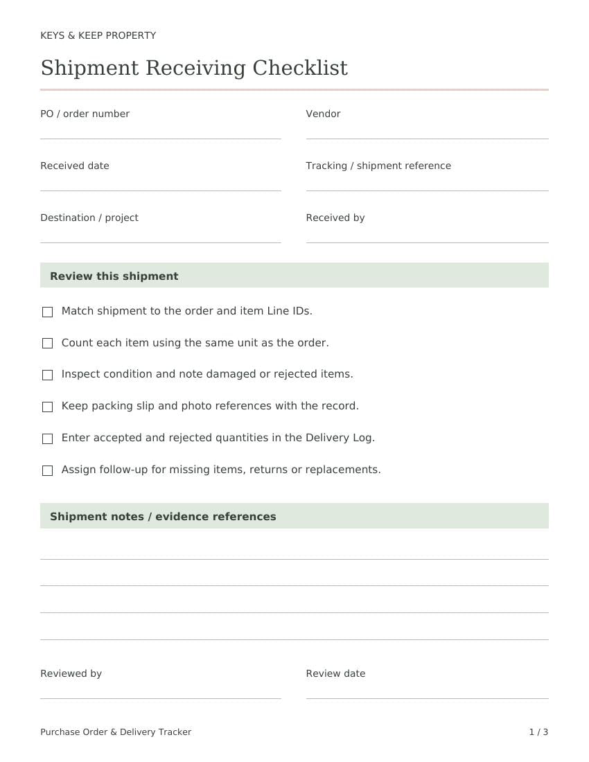 Purchase Order & Delivery Tracker | Excel and Google Sheets Shipment Log + Receiving Checklists