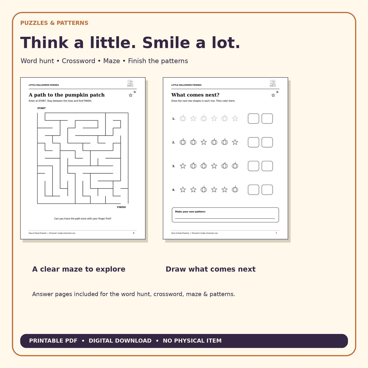 Halloween Activity Book for Kids | Cute Cat, Bat and Spider Coloring, Word Search, Crossword and Maze | 13-Page Printable PDF