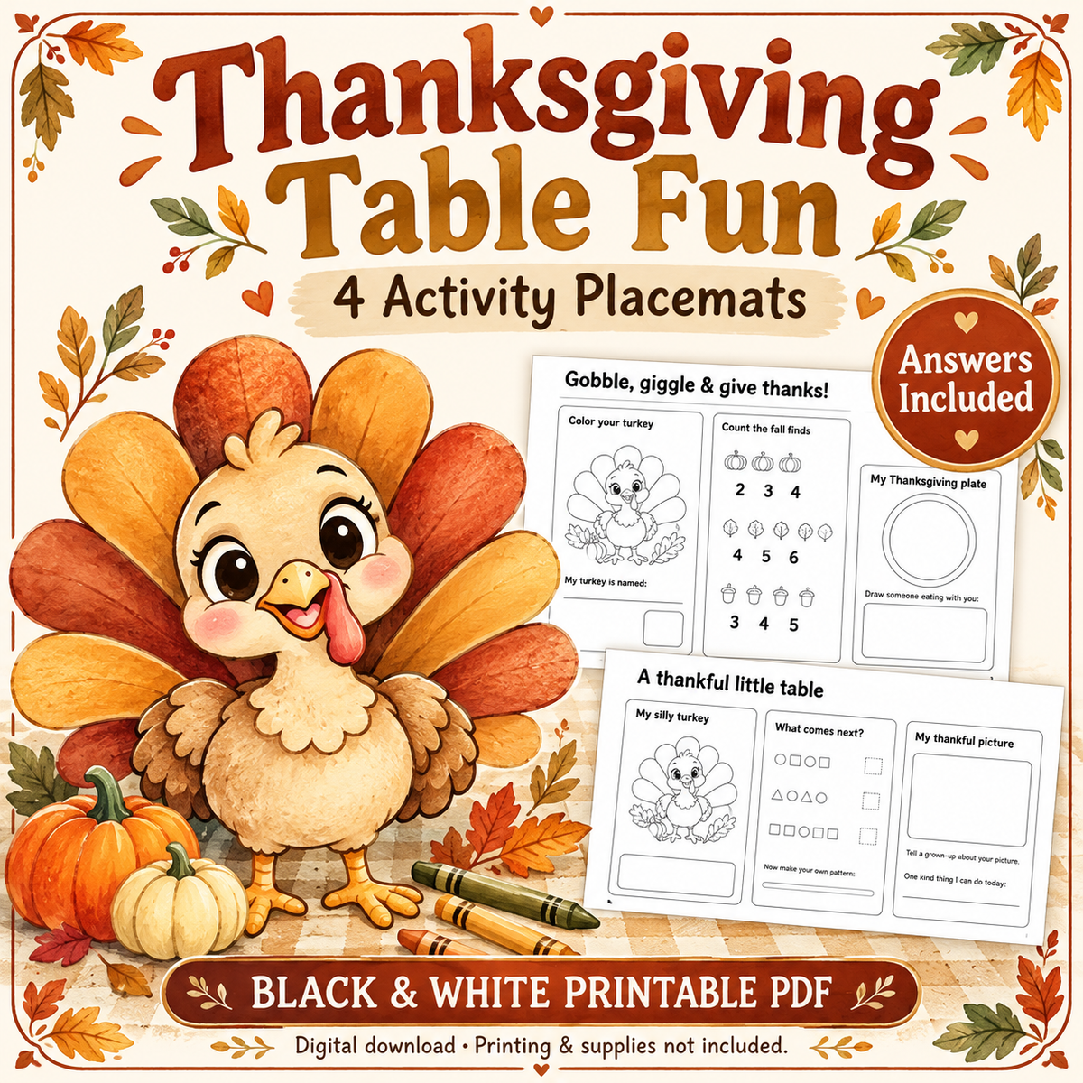 Thanksgiving Activity Placemats for Kids | 4 Coloring & Puzzle Pages, Printable PDF