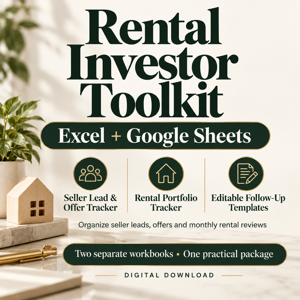 Rental Investor Toolkit | Excel + Google Sheets | Seller Lead and Offer Tracker, Follow-Up Templates and Rental Portfolio