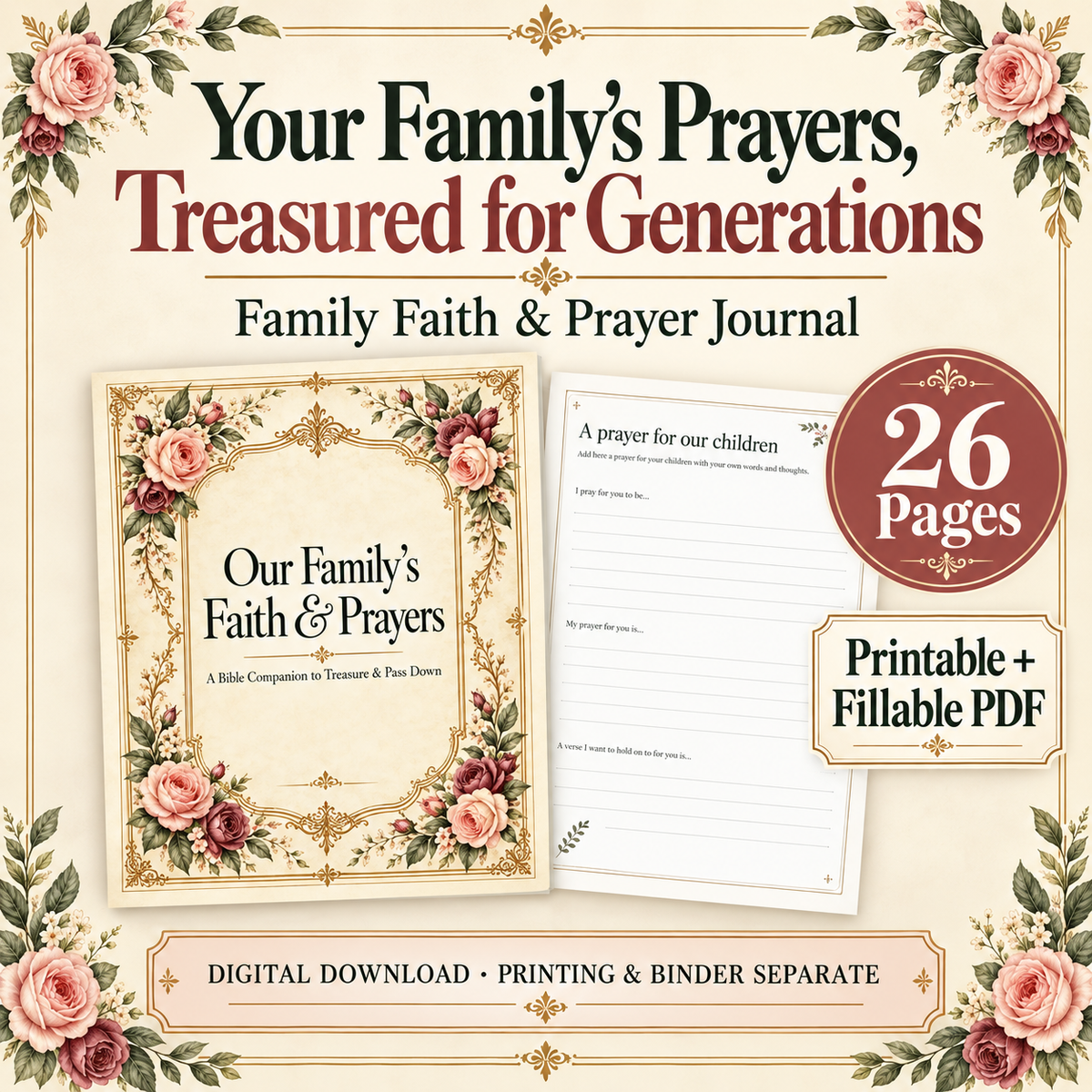 Family Faith and Prayer Keepsake Journal | Victorian Bible Companion | 26-Page Printable and Fillable PDF