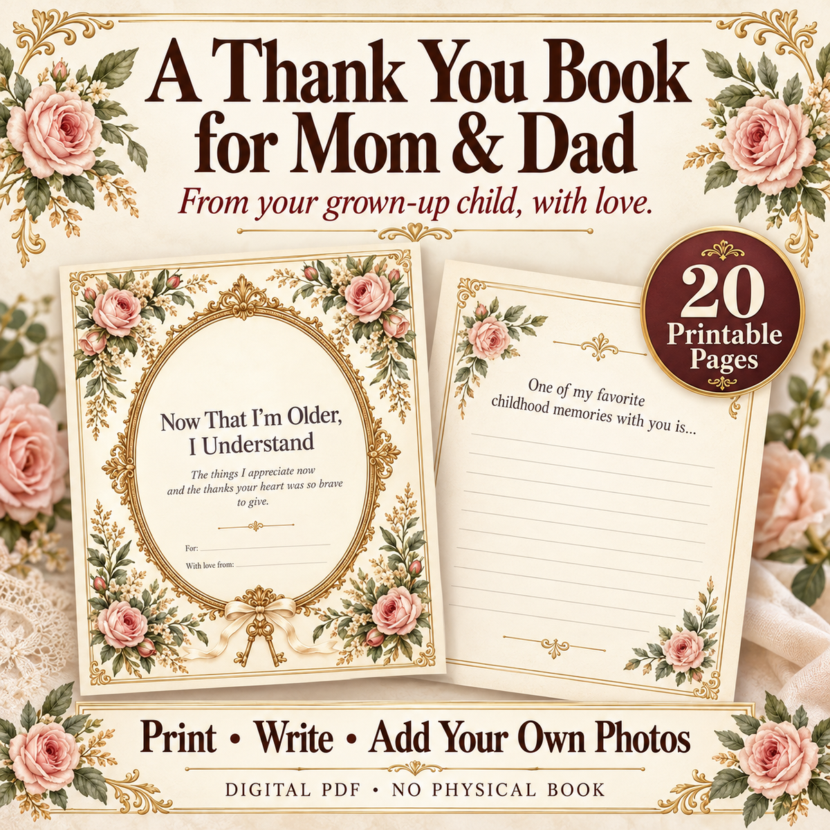 Thank You Book for Parents Printable | 20-Page Gratitude Journal PDF