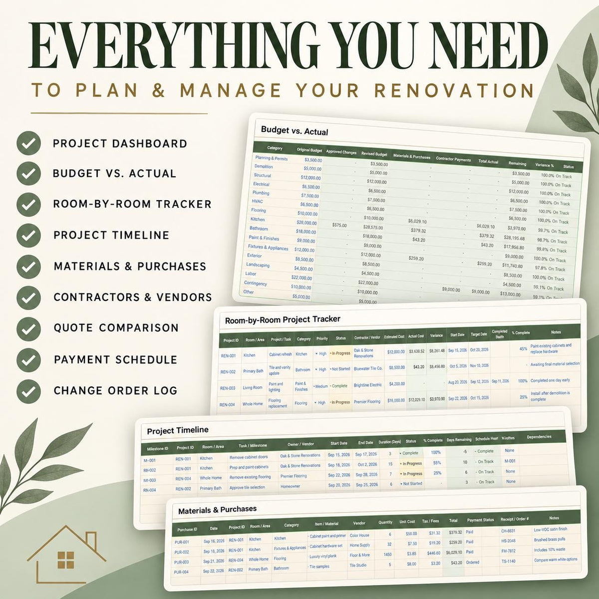 Home Renovation Budget Tracker | Excel & Google Sheets | Project, Contractor and Quote Spreadsheet