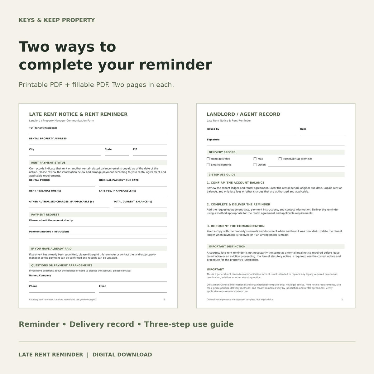 Late Rent Reminder Form | 2-Page Printable & Fillable PDFs, Landlord Balance Notice