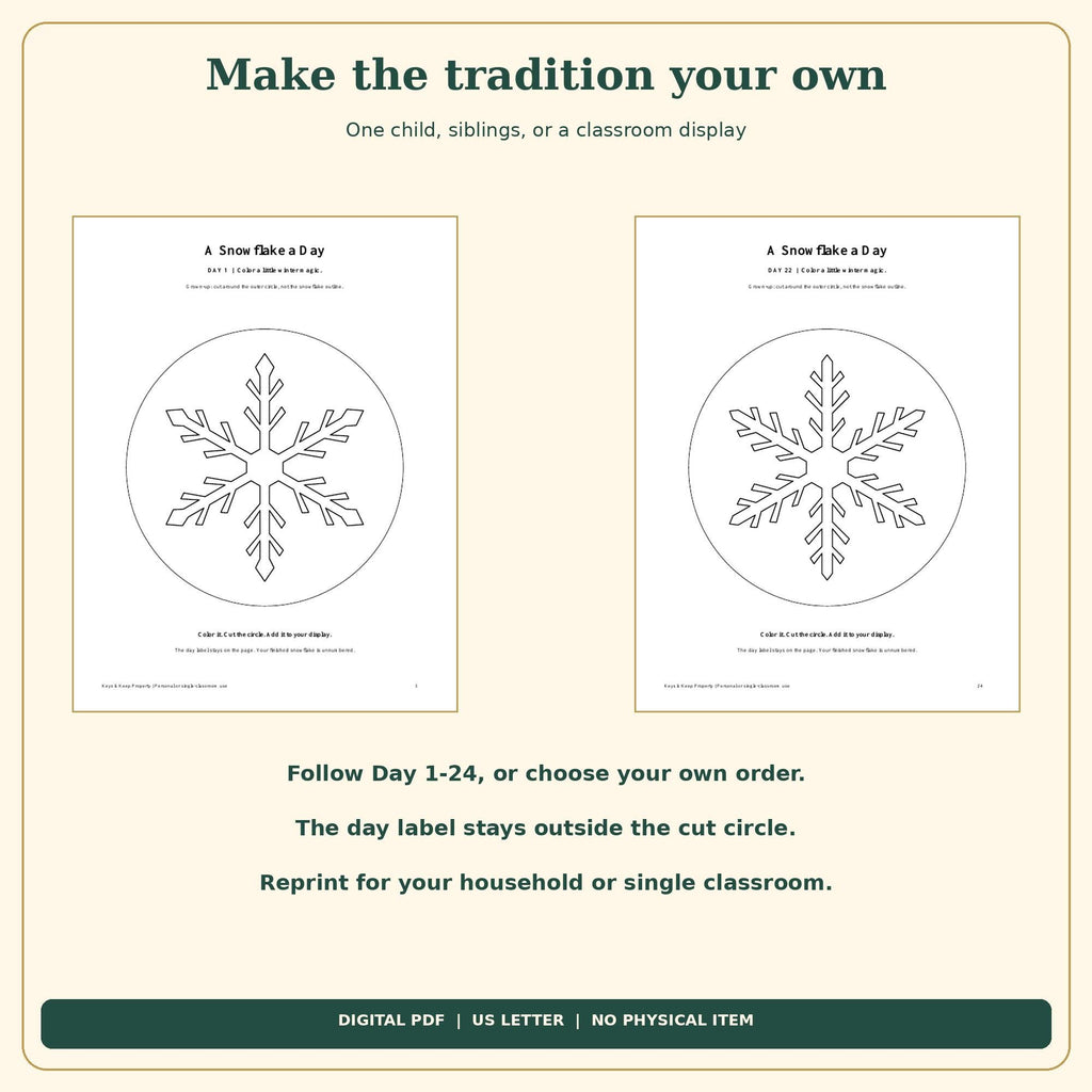 Christmas Snowflake Countdown Printable | 24 Color and Hang Snowflakes, Easy Cut Circles | 26-Page PDF