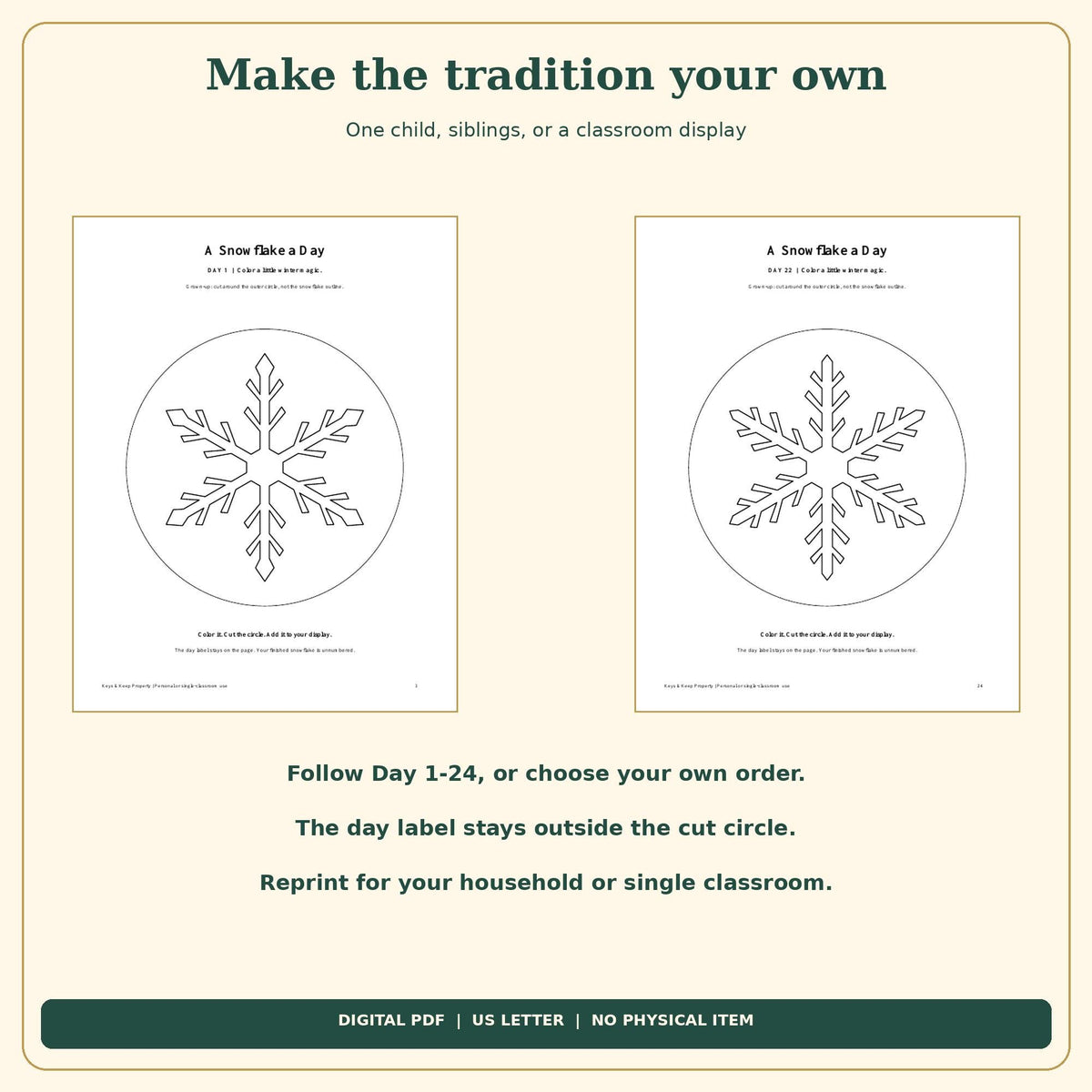 Christmas Snowflake Countdown Printable | 24 Color and Hang Snowflakes, Easy Cut Circles | 26-Page PDF