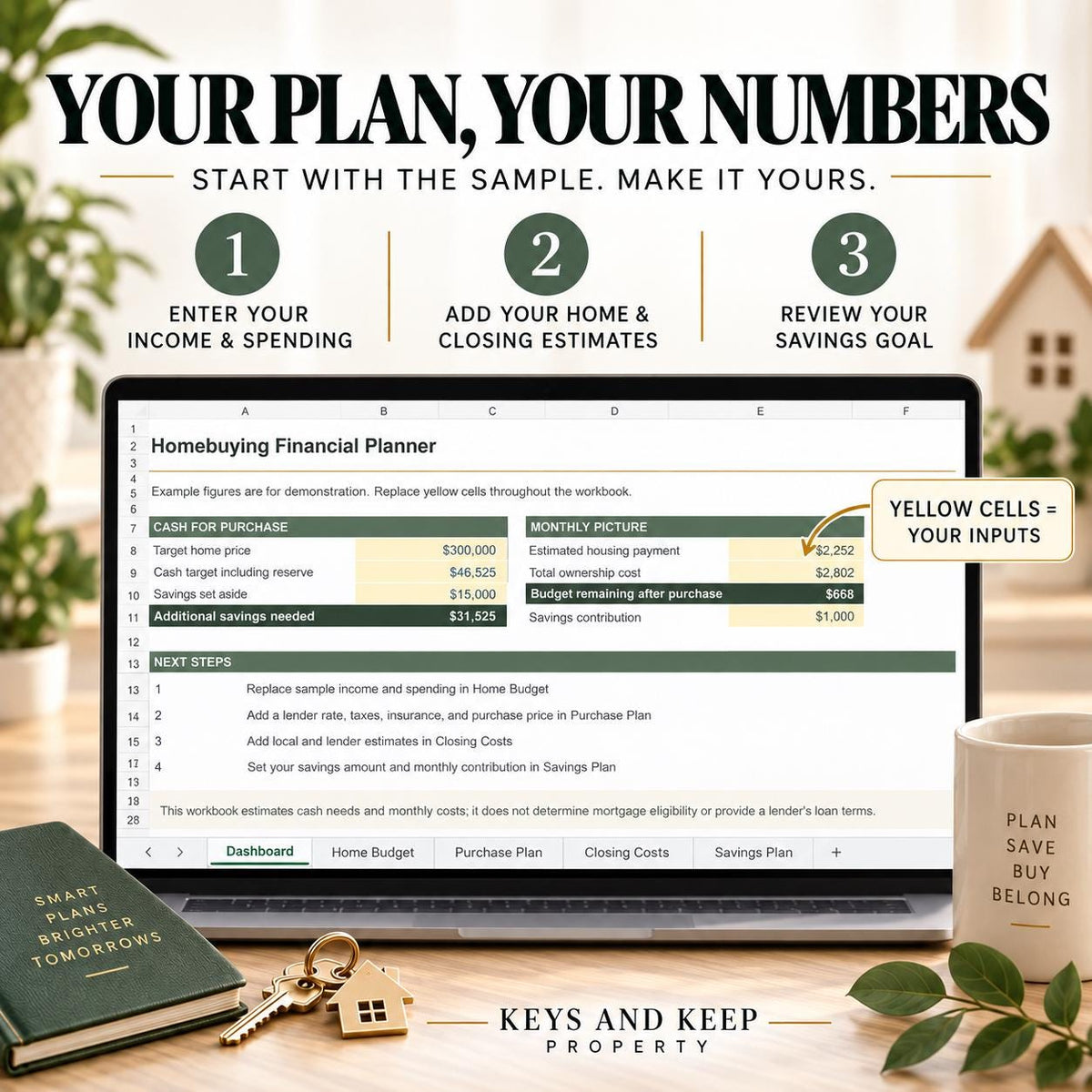 First-Time Home Buyer Budget Planner | Excel & Google Sheets | Closing Costs and Down Payment Savings Tracker