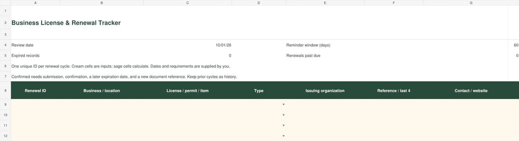 Business License & Renewal Tracker | Excel + Google Sheets Permit Organizer + Printable Forms