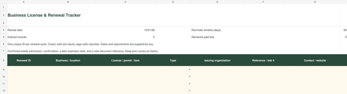 Business License & Renewal Tracker | Excel + Google Sheets Permit Organizer + Printable Forms