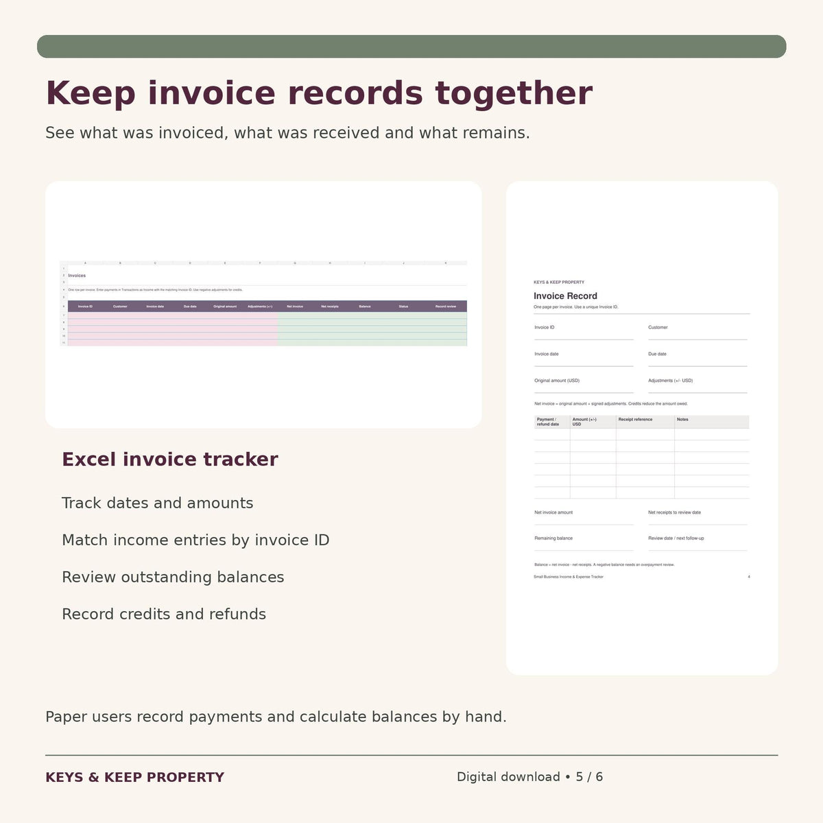 Small Business Expense Tracker and Income Log | Excel & Google Sheets + Printable Bookkeeping Pages | Invoice Tracker