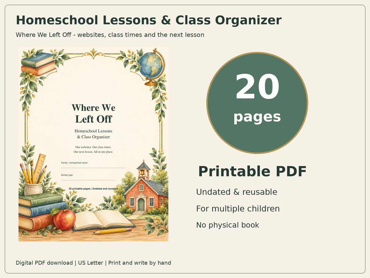 Homeschool Planner Printable | Lessons, Class Schedule & Website Log | 20-Page PDF