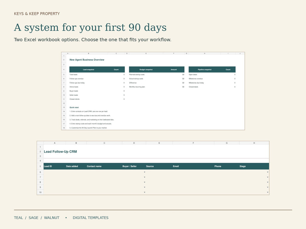 Real Estate Agent Starter Kit | Excel + Google Sheets CRM, Client Forms, Canva Cards & Social Posts | Teal Sage Walnut